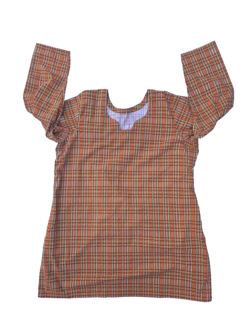 Vintage Handmade Orange Plaid Tunic Top L | Hand Sewn Green Cream Boho Blouse